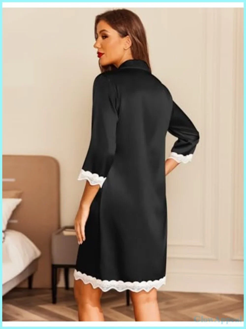 Satin Nightgown Women Button Down Sleepshirt 3/4 Sleeve V-Neck Lace Hem